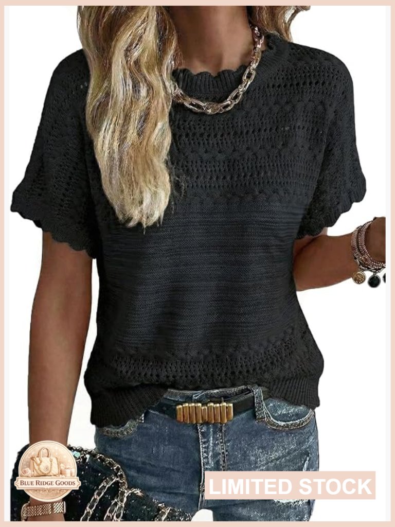 Short Sleeve Knit Pullover Sweater Crochet Hollow Out Relaxed Fit Summer Top